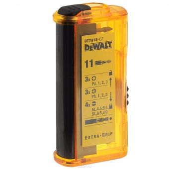 Набор бит DeWALT "Extra Grip", биты : Pz1/2/3, Ph1/2/3, шлиц 4.5/5.5/6.5/8, магнитный держатель, всего 11 предметов.